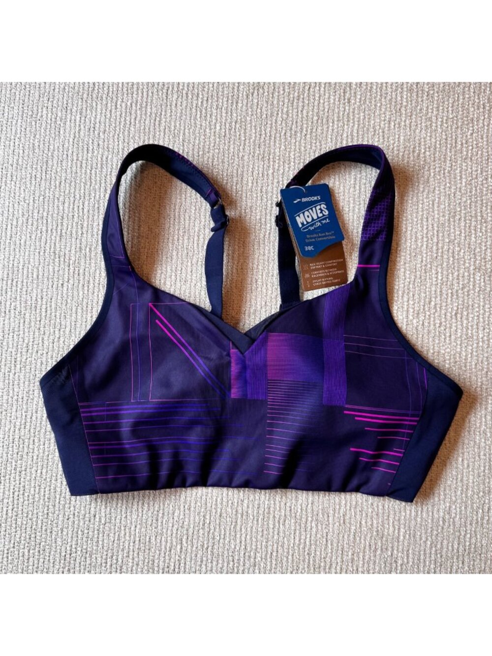 NWT New Brooks Drive Convertible Run Bra 38C Sports Bra Matrix Navy Print